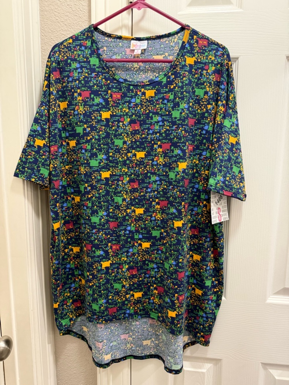 LuLaRoe Navy Irma Tunic with Green, Yellow & Pink Pixel Print